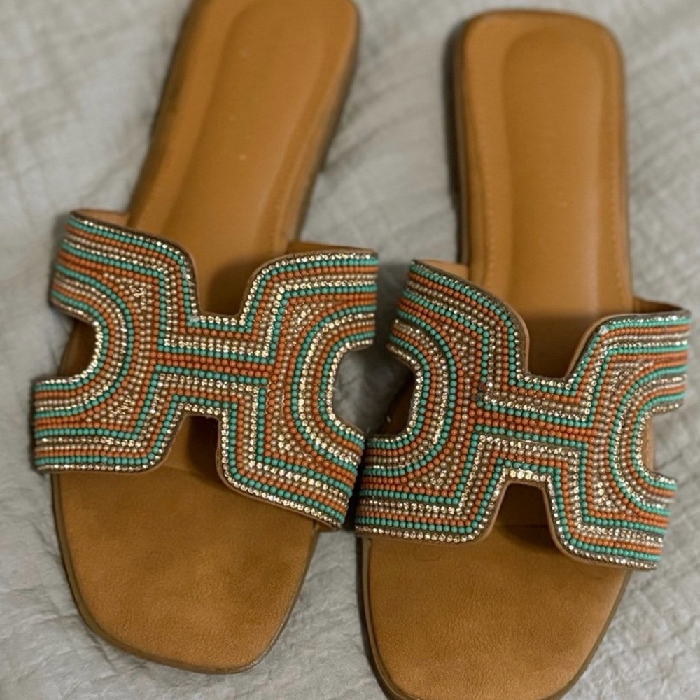 Embellished Tan and Green Slide Sandals